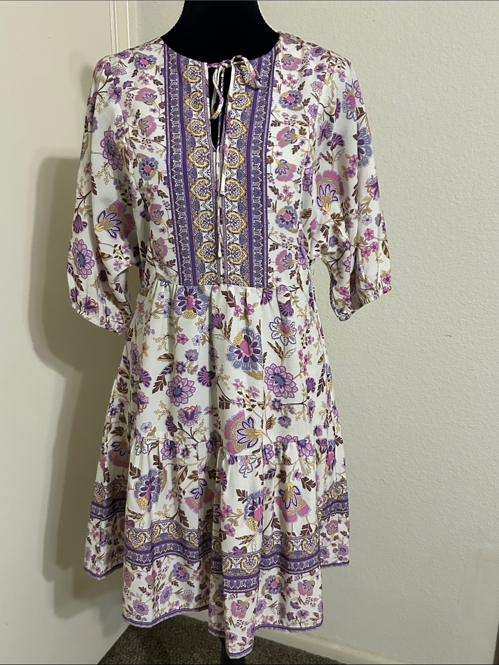 Joy Joy White Midi Dress with Purple Floral Print